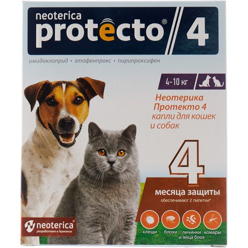 фото Neoterica капли от блох и клещей Protecto 4 для собак, щенков, кошек, для домашних животных от 4 до 10 кг 2 шт. в уп., 1 уп.