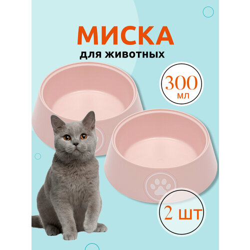 фото Миска пластиковая для животных, собак мелких пород и кошек, тарелка кошачья для воды, еды и корма, котят щенков Альтернатива Лекси 300 мл, розовый, 2 шт