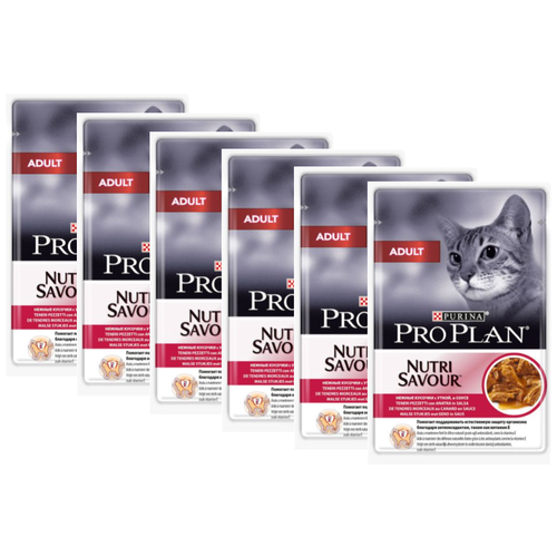 фото Влажный корм для взрослых кошек Pro Plan Nutri savour, с уткой 6 шт. х 85 г (кусочки в соусе)