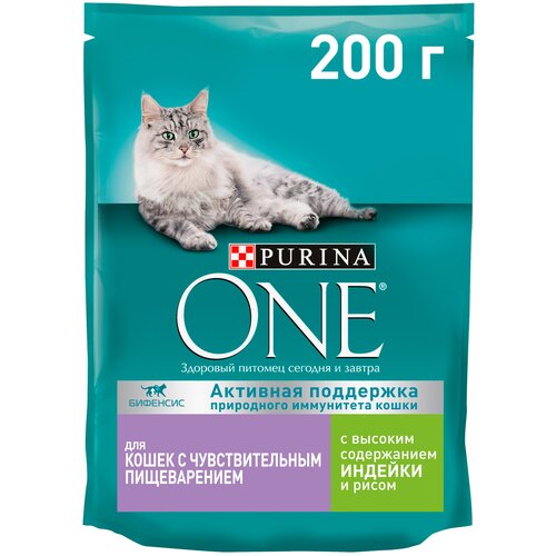 фото Сухой корм для кошек Purina ONE с чувствительным пищеварением и разборчивым вкусом в еде, с высоким содержанием индейки и рисом 10 шт. х 200 г