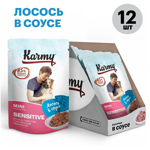 фото Влажный корм Karmy Mini Sensitive для собак мелких пород с чувствительным пищеварением старше 1 года Лосось Мясные кусочки в соусе 80 гр 12шт