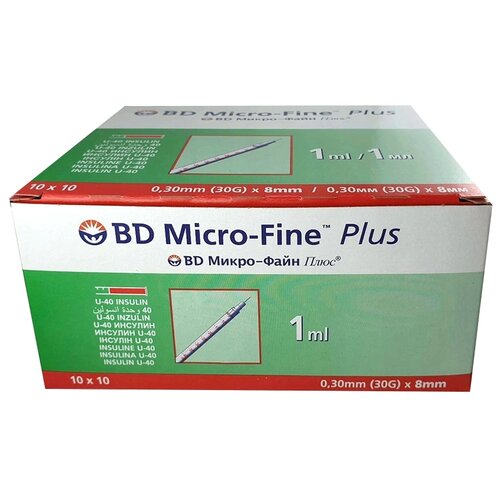 фото Шприц инсулиновый BD Micro-fine plus U-40 трехкомпонентный, 8 мм x 0.3 мм, размер: 30G, 1 мл, 100 шт.