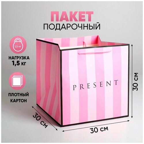 фото Пакет подарочный квадратный «Present» розовый, большой, 30 × 30 × 30 см