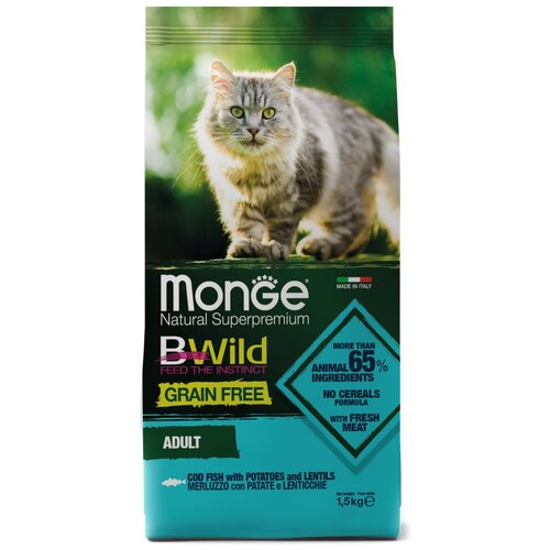 фото Сухой корм для кошек Monge BWILD Feed the Instinct, беззерновой, с треской, с картофелем, с чечевицей 1500 г