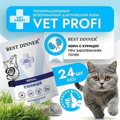 фото Влажный корм для кошек Best Dinner VET PROFI Renal кусочки в соусе Курица, 85 г х 24 шт для профилактики заболеваний почек, пауч (Бест Диннер)