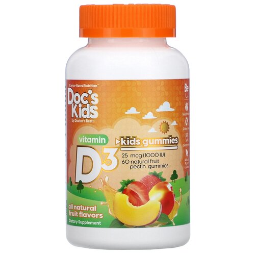 фото Пастилки Doctor's Best Doc's Kids Vitamin D3 Gummies натуральный фруктовый вкус 25 мкг (1000 МЕ), 230 г, 1000 ME, 60 шт.