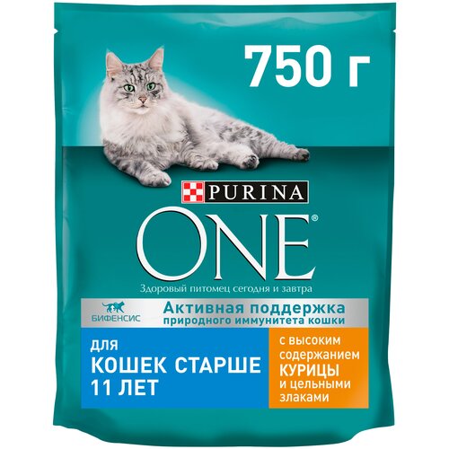 фото Сухой корм для пожилых кошек старше 11 лет Purina ONE для здоровья костей и суставов, профилактика избыточного веса с курицей и цельными злаками 2 шт. х 750 г