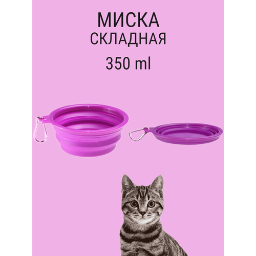 фото Складная силиконовая миска для собаки с карабином 350 мл фиолетовый