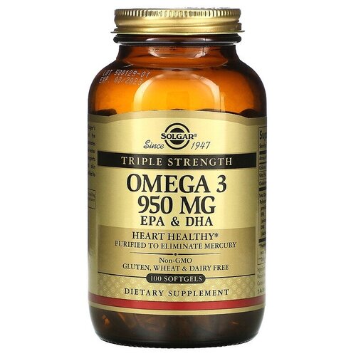 фото Solgar, Omega 3, EPA & DHA, Triple Strength, 950 mg, омега-3, ЭПК и ДГК, тройной концентрации, 950 мг, 100 капсул