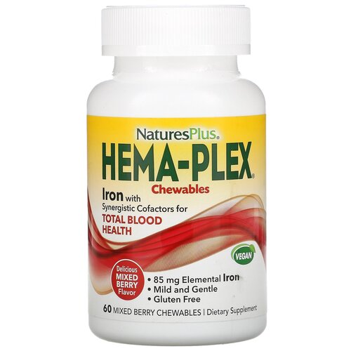 фото Пастилки Natures Plus Hema-Plex жевательные (вкус ягодное ассорти), 150 г, 60 шт.