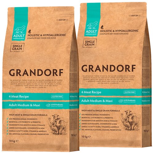 фото GRANDORF SINGLE GRAIN DOG ADULT MEDIUM&MAXI низкозерновой для взрослых собак средних и крупных пород 4 вида мяса ягненок, индейка, утка, кабан(10+10кг)