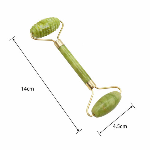 фото Нефритовый роликовый массажер из натурального камня для лица и шеи, подарочный набор со скребком гуаша 2в1