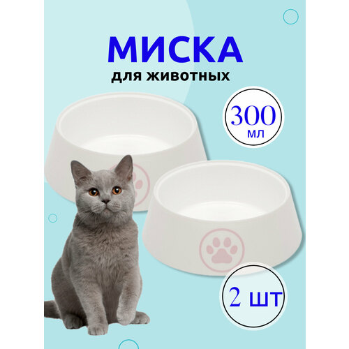 фото Миска пластиковая для животных, собак мелких пород и кошек, тарелка кошачья для воды, еды и корма Альтернатива Лекси 300 мл, белый, 2 шт