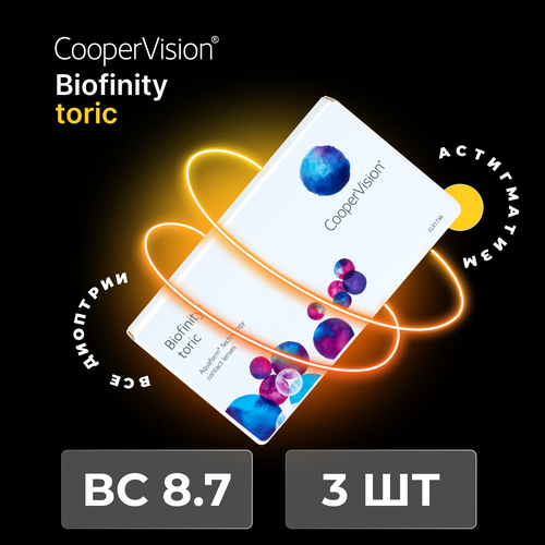 фото Контактные линзы CooperVision Biofinity Toric., 3 шт., R 8,7, D -2,75, CYL: -1,75, AХ: 40, бесцветный, 1 уп.