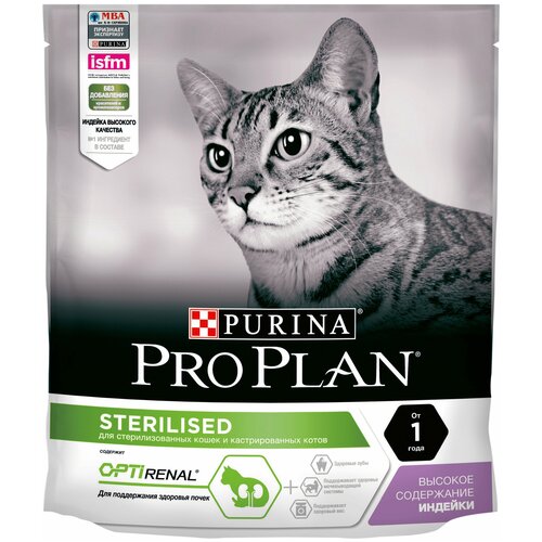 фото Сухой корм для стерилизованных кошек и кастрированных котов Purina Pro Plan Sterilised OPTIRENAL, с высоким содержанием индейки, 4 шт. х 400 г