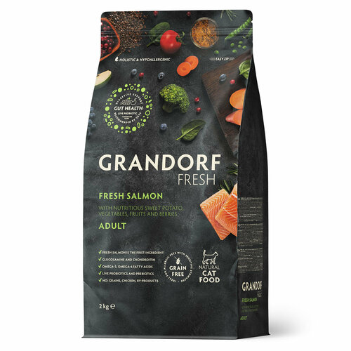 фото Grandorf Fresh корм для кошек, для здоровья кожи и шерсти, лосось и батат 2 кг