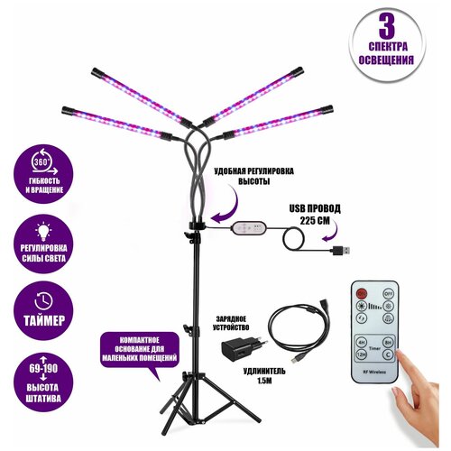 фото Фитолампа светодиодная, светильник для растений 4 панели на штативе FL-JBH-RC15 с пультом на проводе, пультом ДУ, удлинителем 1,5 м и адаптером