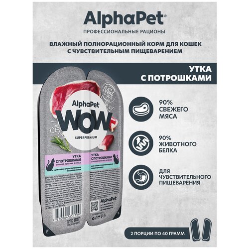 фото Влажный корм для кошек с чувств. пищеварением AlphaPet WOW Superpremium Утка с потрошками сочные ломтики в соусе 80г (Упаковка 15 блистеров)