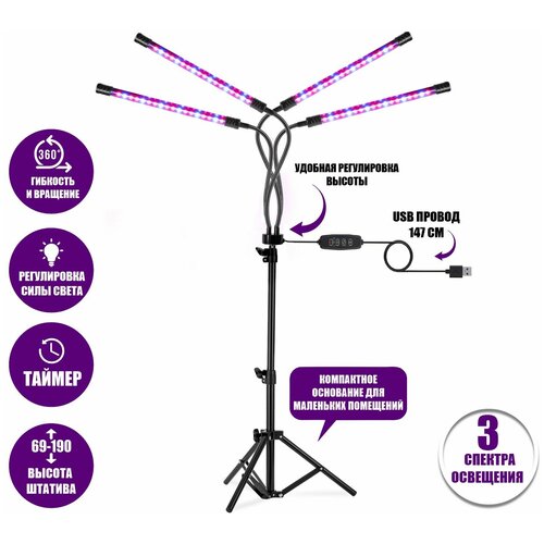 фото Фитолампа светодиодная, светильник для растений на штативе FL-JBH-P с пультом на проводе, 4 панели