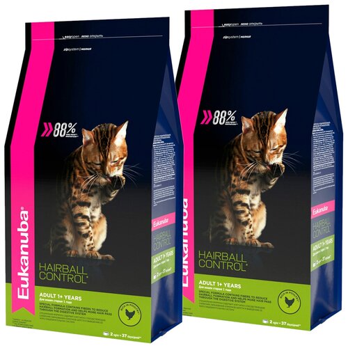 фото EUKANUBA ADULT HAIRBALL CONTROL/INDOOR для взрослых кошек для вывода шерсти с птицей (2 + 2 кг)