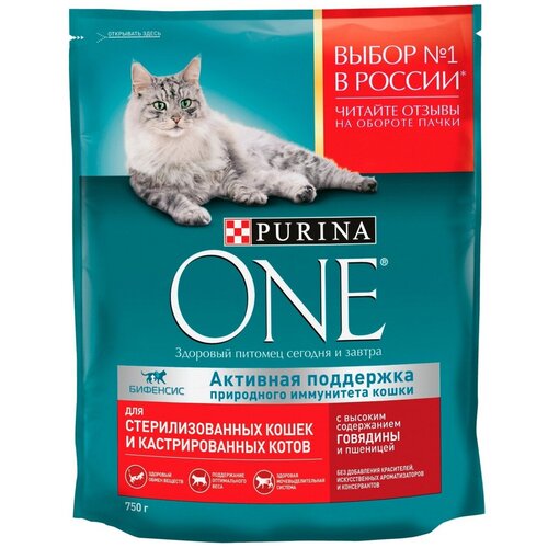 фото Purina One Сухой корм сухой Сухой корм с говядиной и пшеницей для стерилизованных кошек (750 г)