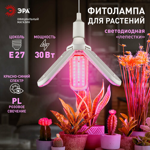 фото Фитолампа для растений светодиодная ЭРА GREEN LINE ФИТО-30W-PL-E27-GR 3-х лепестковая красно-синего спектра 30 Вт Е27