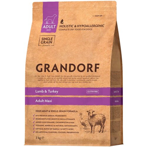 фото GRANDORF SINGLE GRAIN DOG ADULT MAXI LAMB & TURKEY низкозерновой для взрослых собак крупных пород с ягненком и индейкой (3 кг)