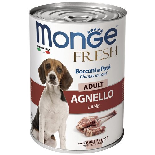 фото Влажный корм для собак Monge Dog Fresh Adult Chunks in Loaf AGNELLO, мясной рулет, ягненок, 4 шт. х 400 г