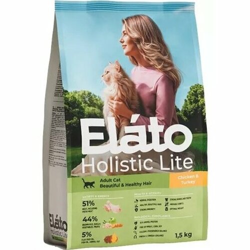 фото Корм сухой Elato Holistic Lite для взрослых кошек с курицей и индейкой, для красивой и здоровой шерсти, 1,5 кг