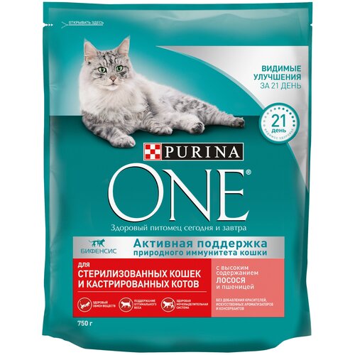 фото Сухой корм Purina ONE для стерилизованных кошек и кастрированных котов, с высоким содержанием лосося и пшеницей 750 г х 1 шт