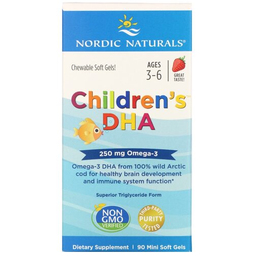 фото Nordic Naturals, ДГК (докозагексаеновая кислота), Омега-3, для детей, клубника, для детей 3–6 лет, 250 мг, 90 желатиновых мини-капсул