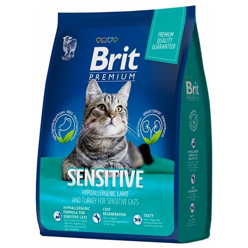 фото Сухой корм для кошек Brit Premium Sensitive с чувствительным пищеварением, гипоаллергенный, с ягненком и индейкой 2000 г (кусочки в соусе)