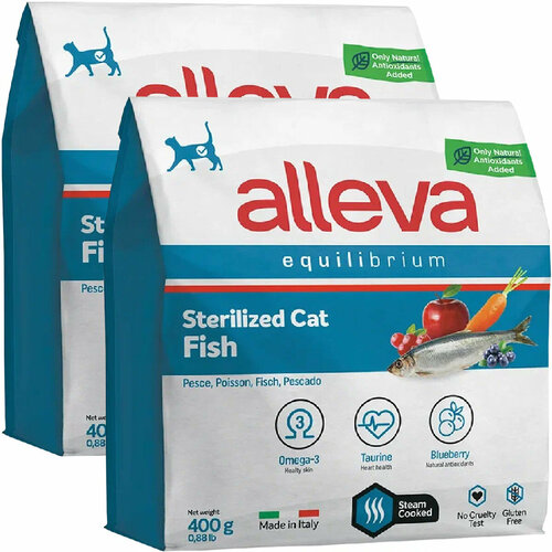 фото ALLEVA EQUILIBRIUM ADULT CAT STERILIZED FISH для взрослых кастрированных котов и стерилизованных кошек с рыбой (0,4 + 0,4 кг)