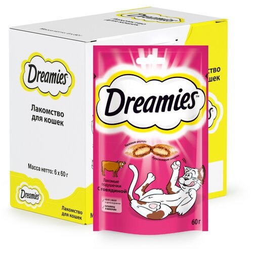 фото Лакомство для кошек  Dreamies Лакомство для кошек Dreamies подушечки, 360 г 6 уп. (шоу бокс) мясо