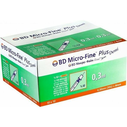 фото Инсулиновый шприц 0.3 мл с интегрированной иглой U100 BD Micro-Fine Plus DEMI 30G 0,3 x 8 мм, Becton Dickinson 50 штук