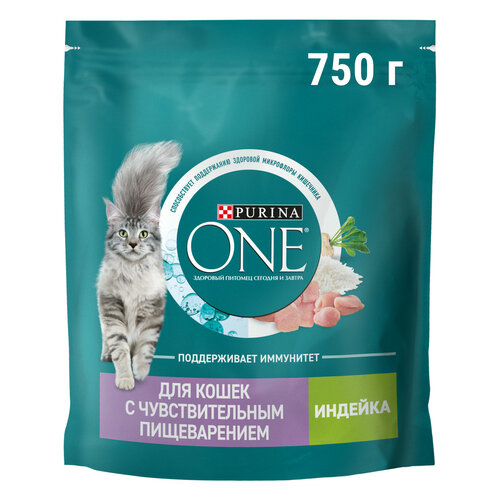 фото Сухой корм для кошек Purina ONE при чувствительном пищеварении с индейкой и рисом 750 г