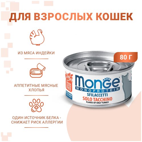 фото Влажный корм для кошек Monge Monoprotein, беззерновой, с индейкой 80 г (паштет)